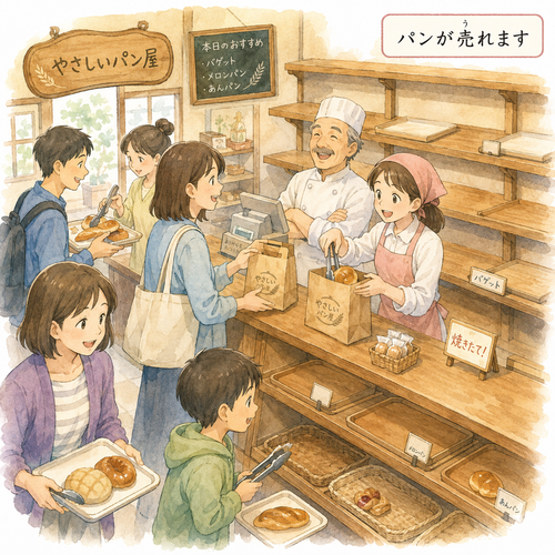 1. 売れます（うれます）［パンが～］— roti terjual.png