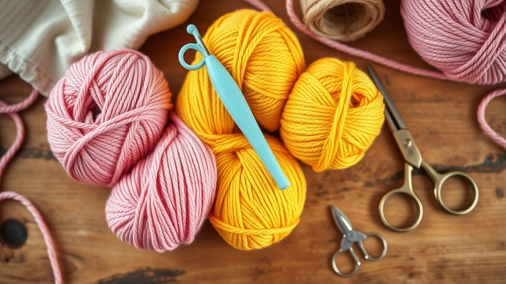High-quality organic cotton yarn skeins in pink and yellow next to a 4mm ergonomic crochet hook for kawaii crochet accessories.