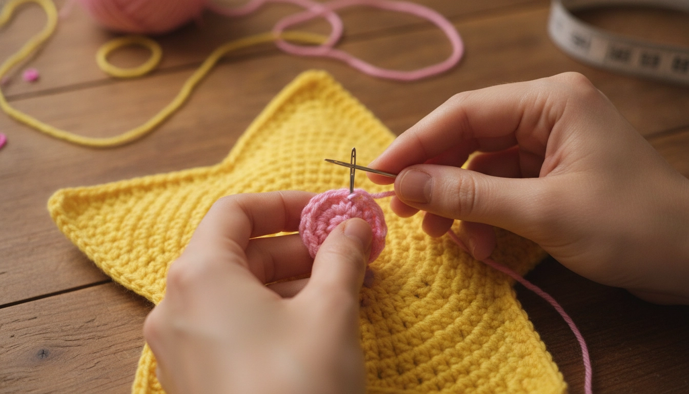 Close-up of hands sewing a pink crocheted circle onto a yellow star panel.