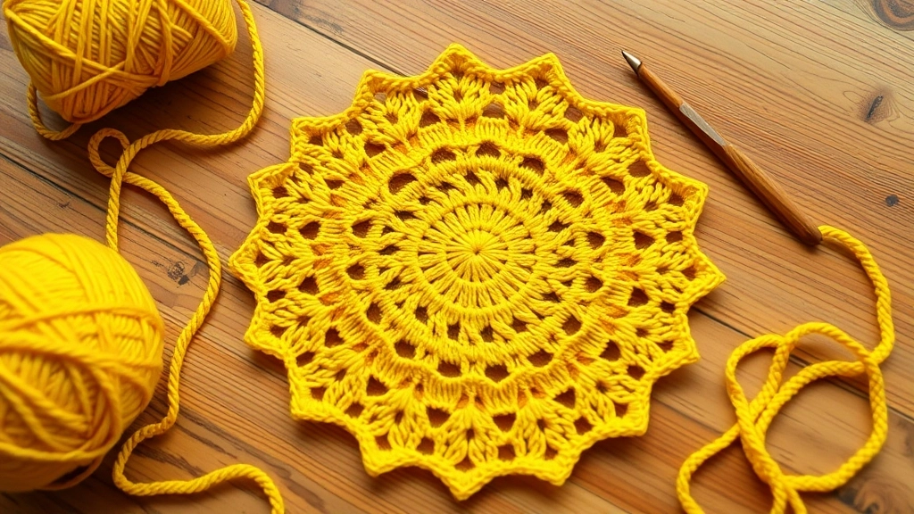 A progress shot of a yellow crochet star panel with sharp points being worked on.
