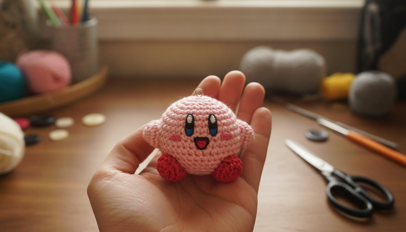 A tiny 3D crocheted pink amigurumi Kirby character sitting on a wooden surface.
