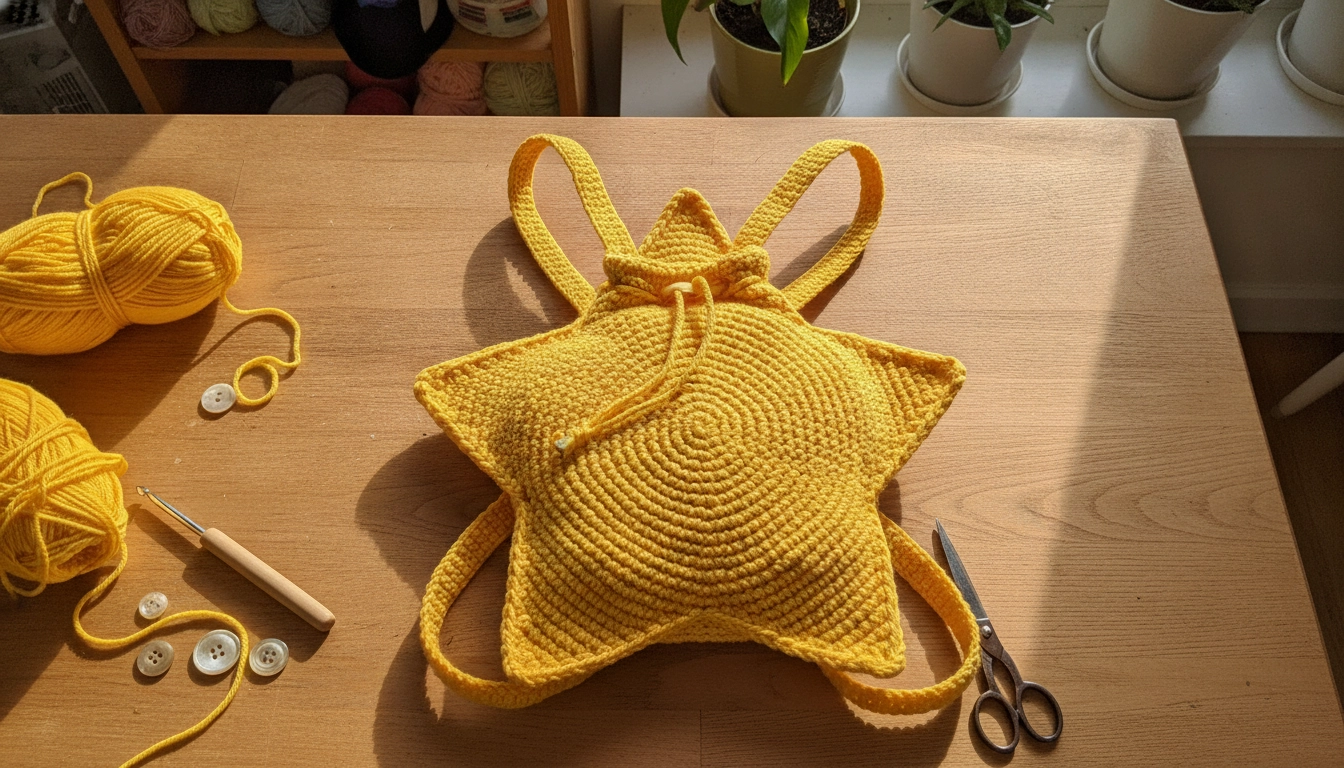 A person wearing a yellow crochet star backpack over an oversized denim jacket and cargo pants.
