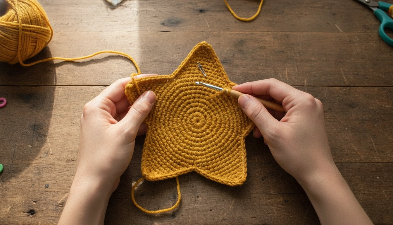 A yellow crocheted circle on a wooden desk, showcasing the flat circular foundation of the Free Kirby Star Backpack Crochet Pattern.