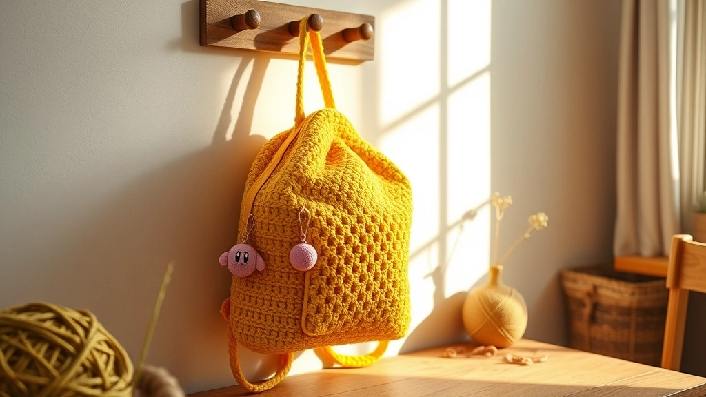 A finished yellow crochet star backpack resting on a wooden chair in a cozy room.