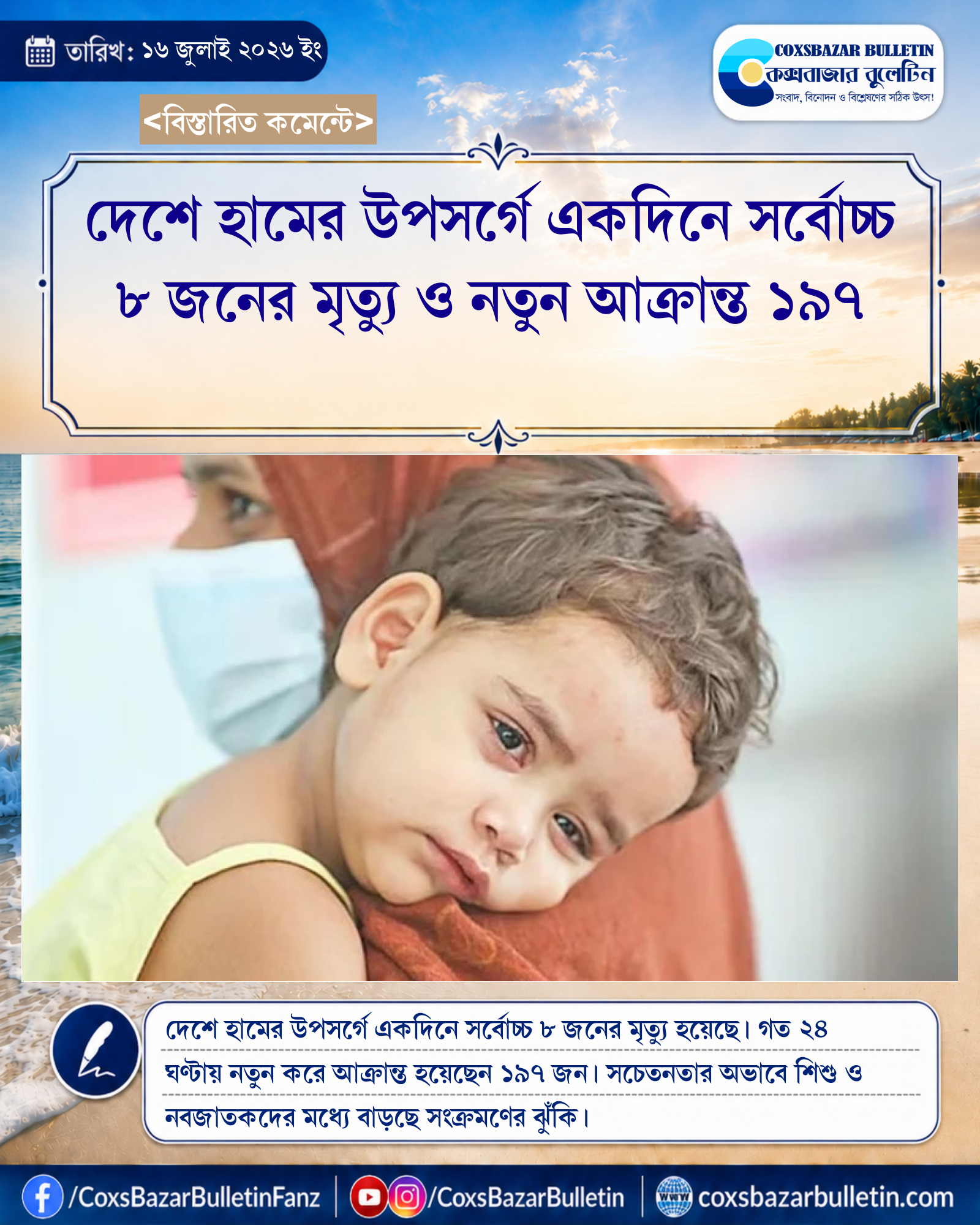 দেশে হামের উপসর্গে একদিনে সর্বোচ্চ ৮ জনের মৃত্যু ও নতুন আক্রান্ত ১৯৭
