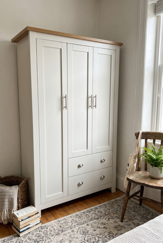 Shaker 3 door wardrobe with drawers from DHS with an oak effect top.png