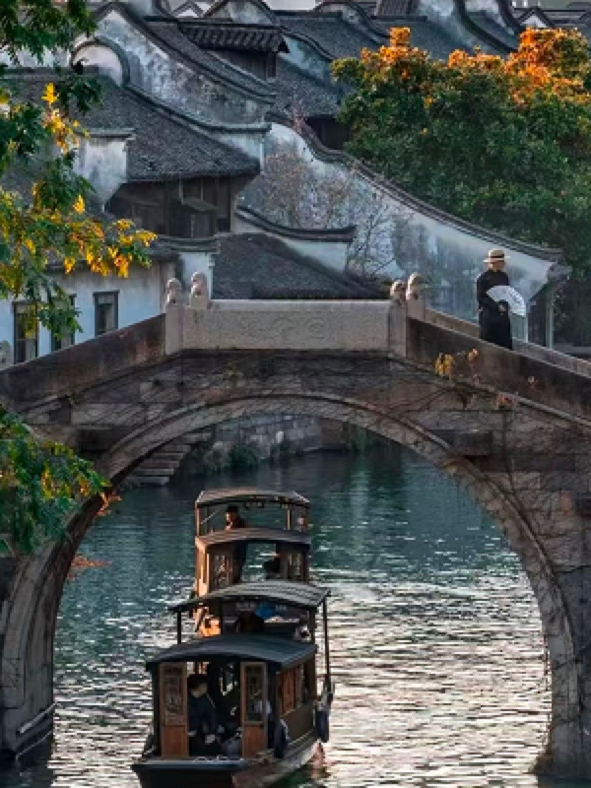 A traditional stone arch bridge over Wuzhen canal with a wooden boat passing under
