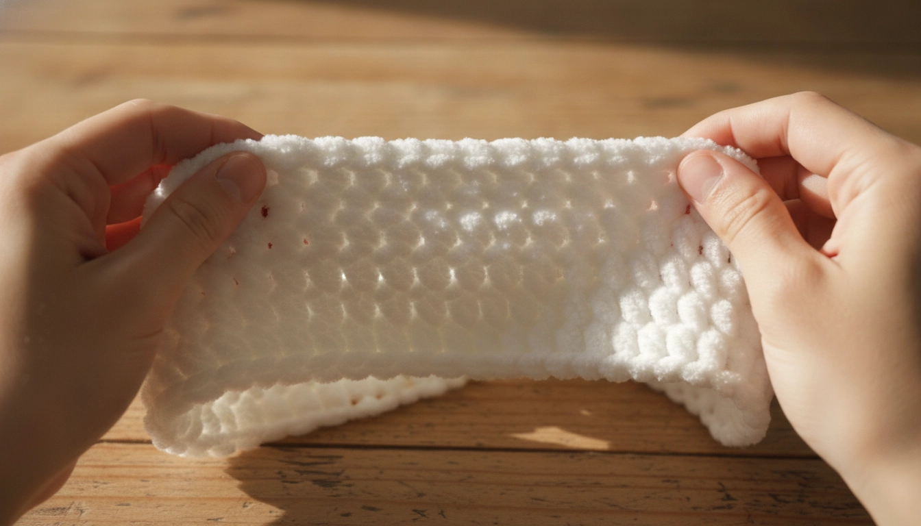 A detailed close-up of tight, dense crochet stitches using thick plush white yarn.