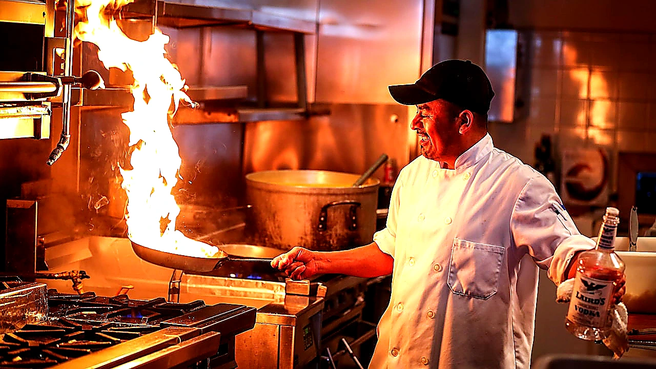 Sharp closing photo of a clean commercial kitchen with a full-length exhaust hood system