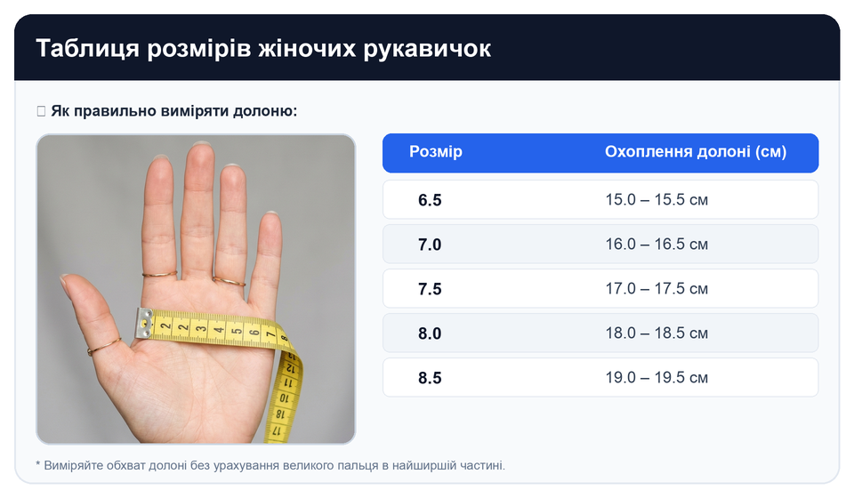 Таблиця розмірів рукавичок