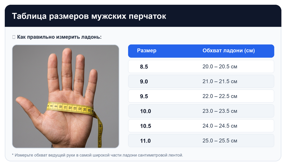 Таблица размеров перчаток