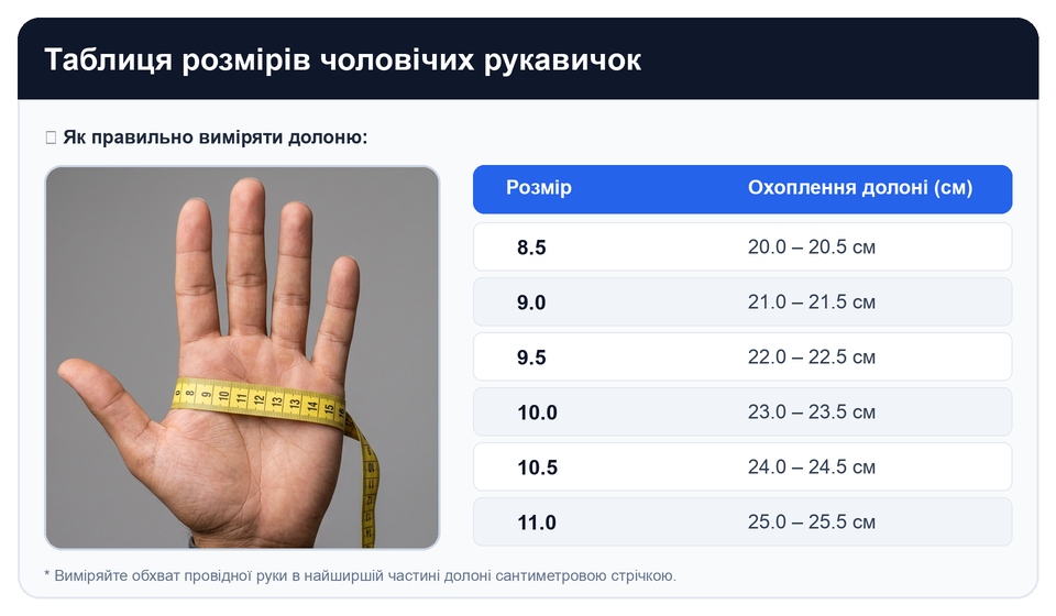 Таблиця розмірів рукавичок