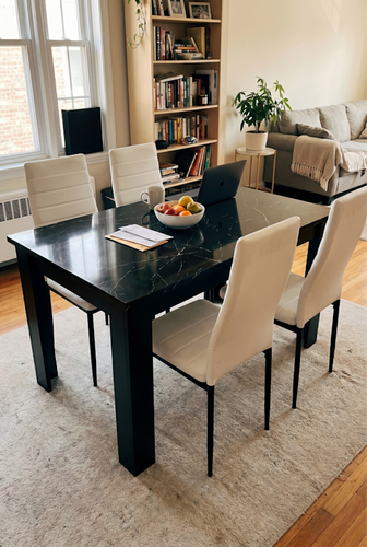 Gloss black marble dining table and 4 chairs with high-back seating.png