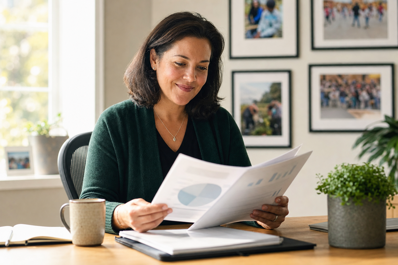 Nonprofit executive director reviewing a year-end fundraising report at her desk