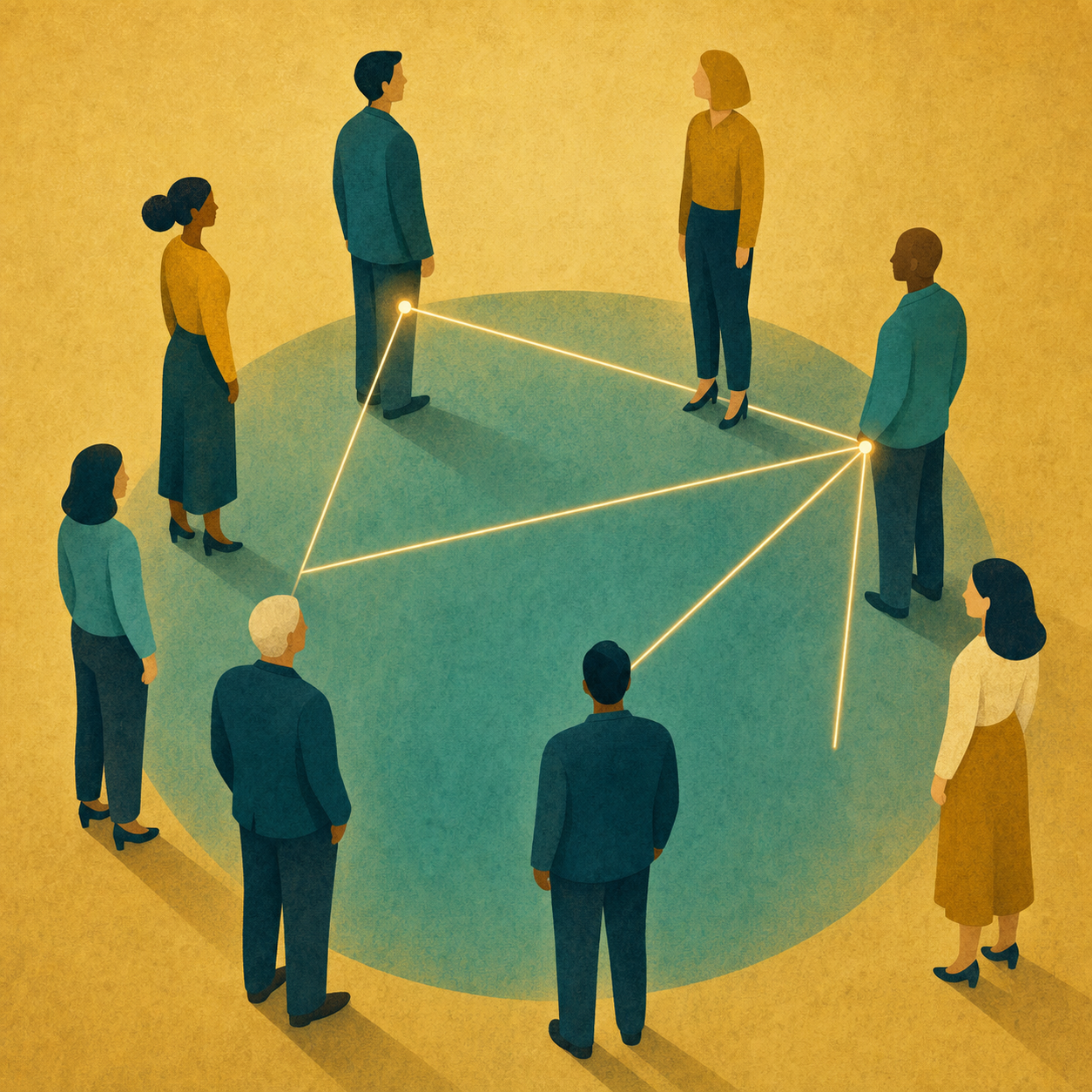 Abstract board members standing in a circle with connecting light lines showing uneven engagement