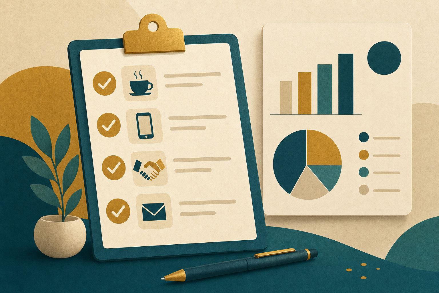 Clipboard with fundraising task checklist and a fundraising dashboard beside it