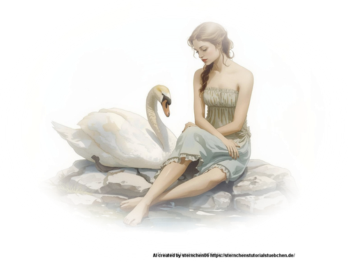 woman sitting on a stone with swan by her side, aquarellpainting