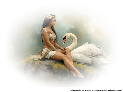 woman sitting on a stone with swan by her side, aquarellpainting (1) Kopie