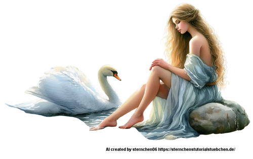 woman sitting on a stone with swan by her side, aquarellpainting Photoroom