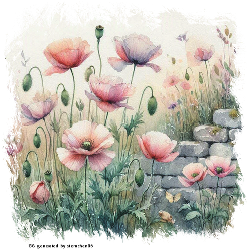 erstelle ein Aquarellbild mit wilden Mohnblumen in pastell t