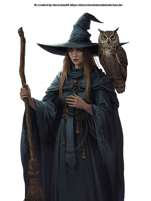 a witch with her witch broom and her owl on her shoulder (7) Photoroom