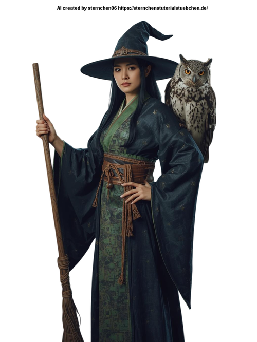 a witch with her witch broom and her owl on her shoulder (8) Photoroom