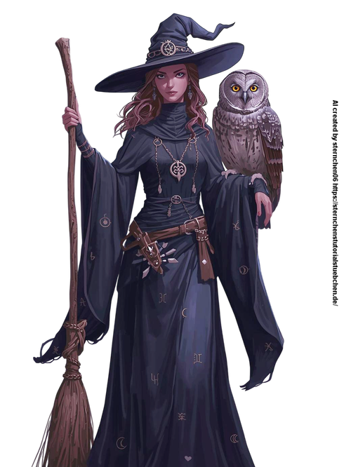 a witch with her witch broom and her owl on her shoulder (5) Photoroom