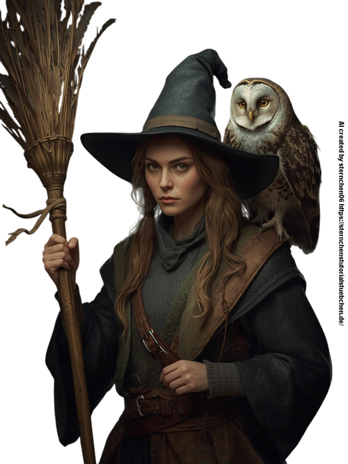 a witch with her witch broom and her owl on her shoulder (3) Photoroom