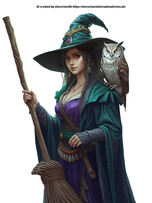 a witch with her witch broom and her owl on her shoulder (9) Photoroom