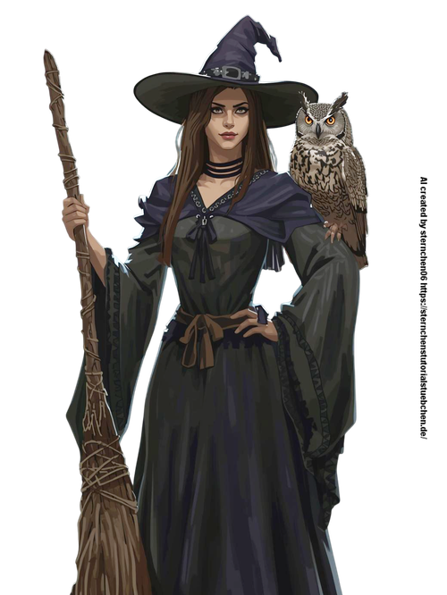 a witch with her witch broom and her owl on her shoulder (10) Photoroom