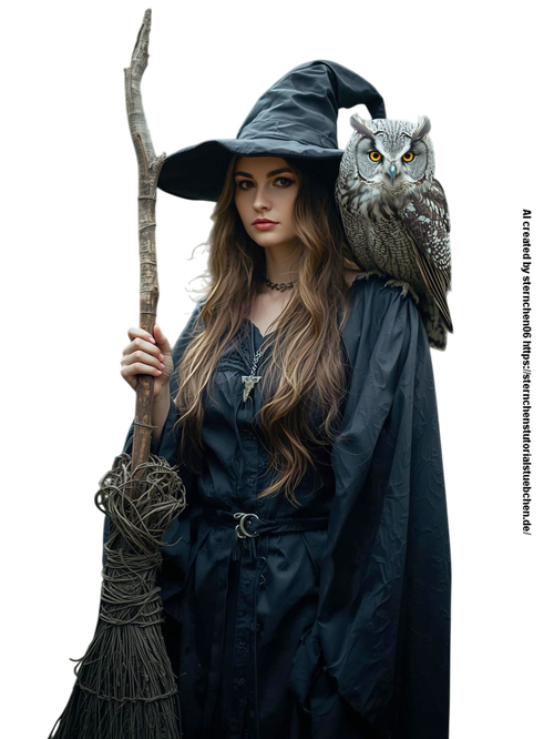 a witch with her witch broom and her owl on her shoulder (1) Photoroom