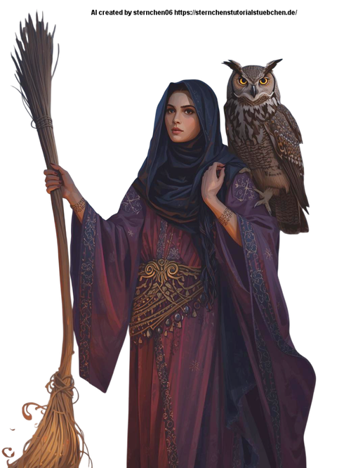 a witch with her witch broom and her owl on her shoulder Photoroom