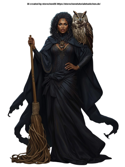 a witch with her witch broom and her owl on her shoulder (6) Photoroom