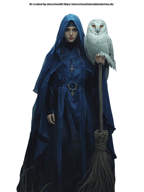 a witch with her witch broom and her owl on her shoulder (2) Photoroom