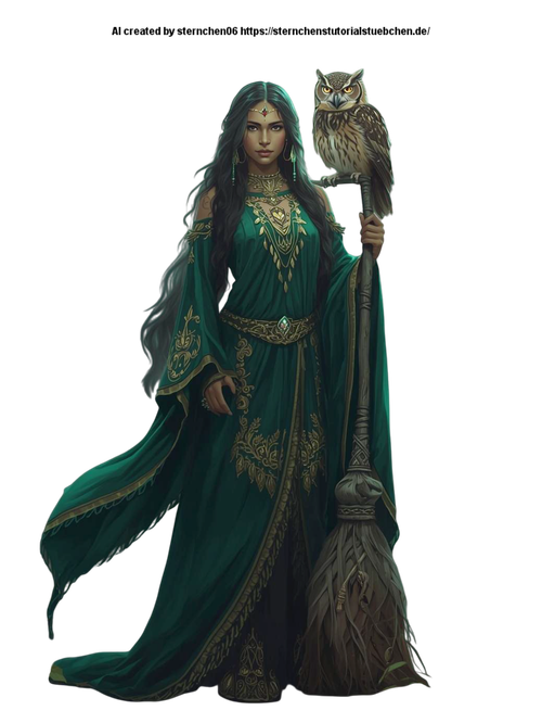 a witch with her witch broom and her owl on her shoulder (4) Photoroom