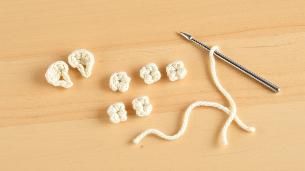 Small crocheted pointy ears, tiny stubby limbs, and a thin tail laid out on a light surface.