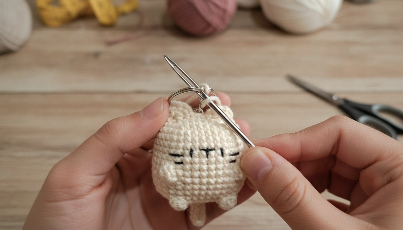 Hands using a needle to securely sew a metal keychain ring into the head of a finished tiny crochet cat.