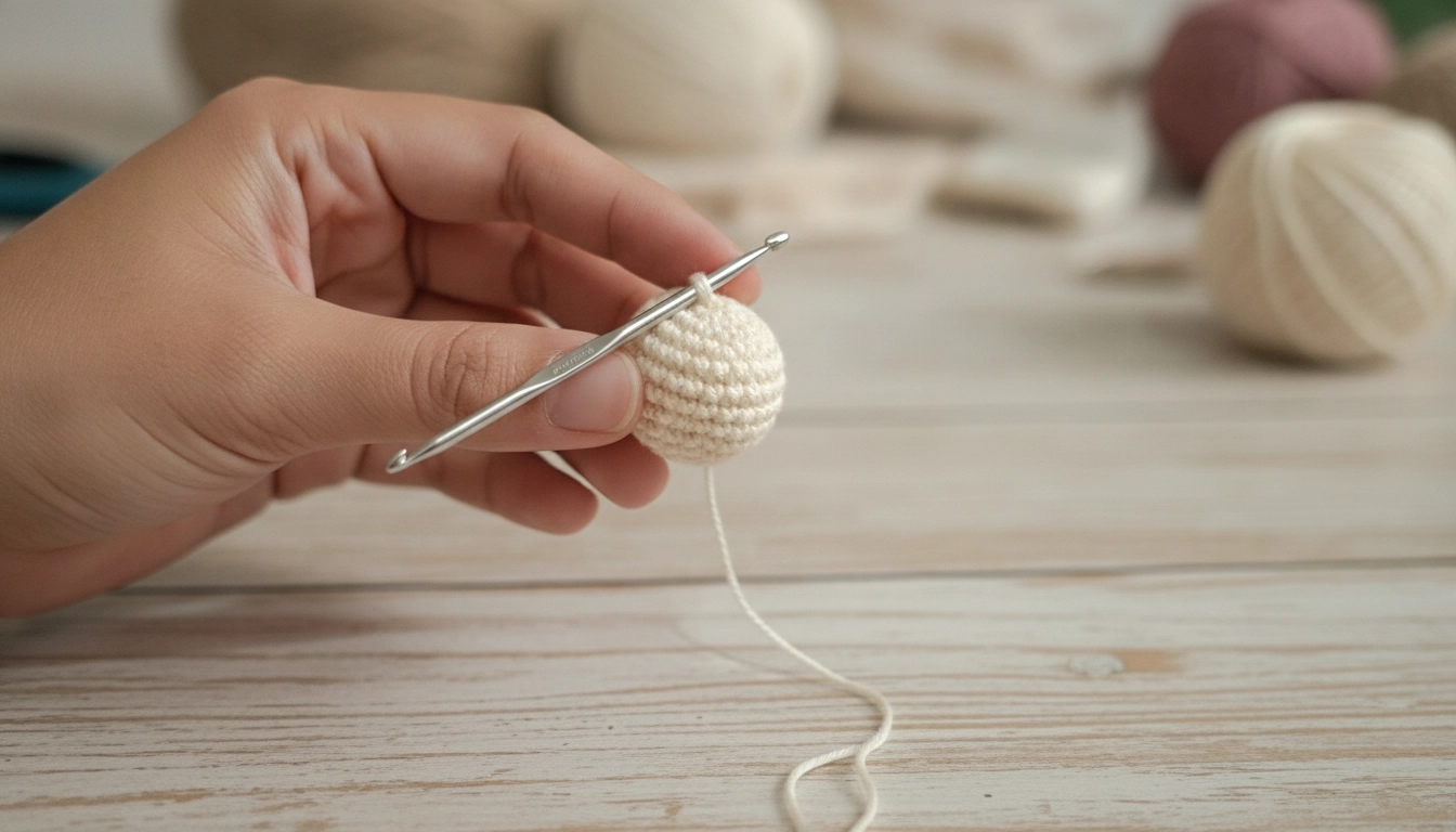 A partially crocheted round cream-colored amigurumi cat body held between a crafter's fingers.