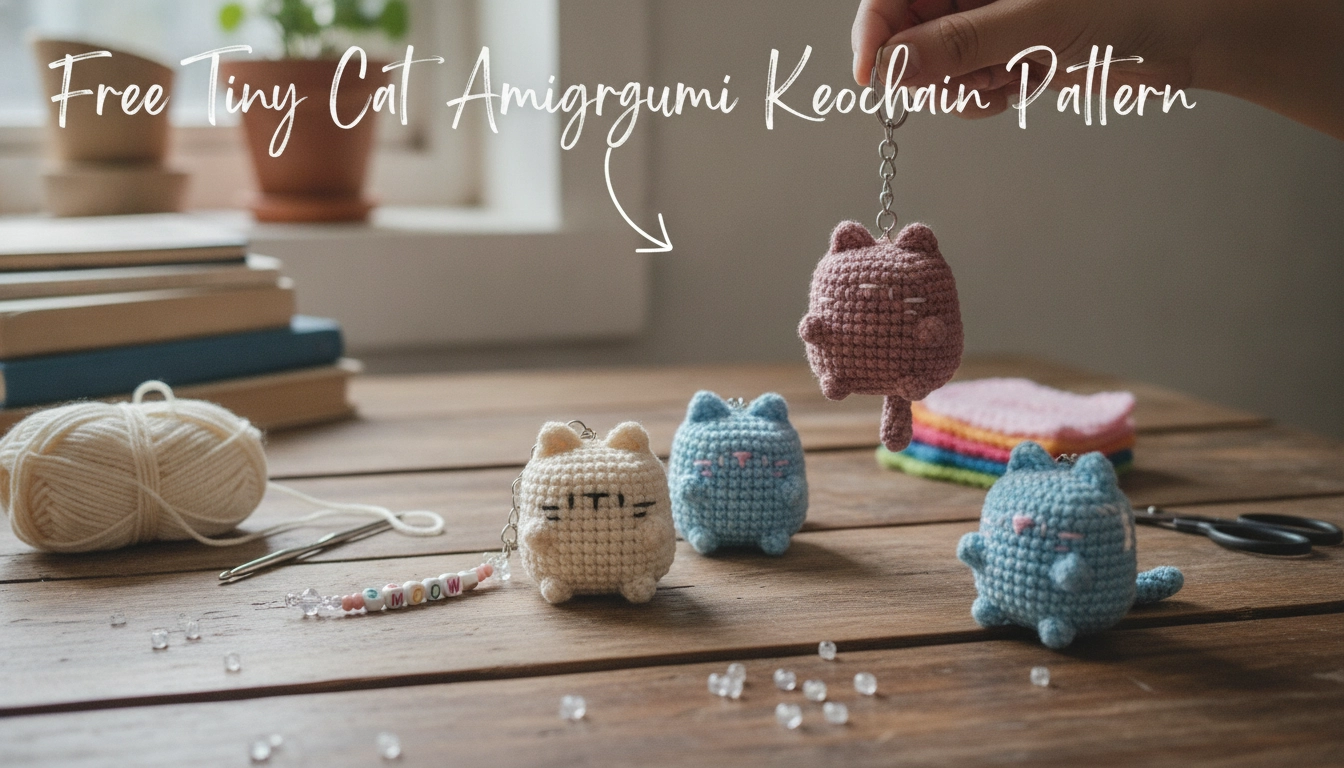A cute, slightly imperfect homemade cat keychain made using the Free Tiny Cat Amigurumi Keychain Pattern.