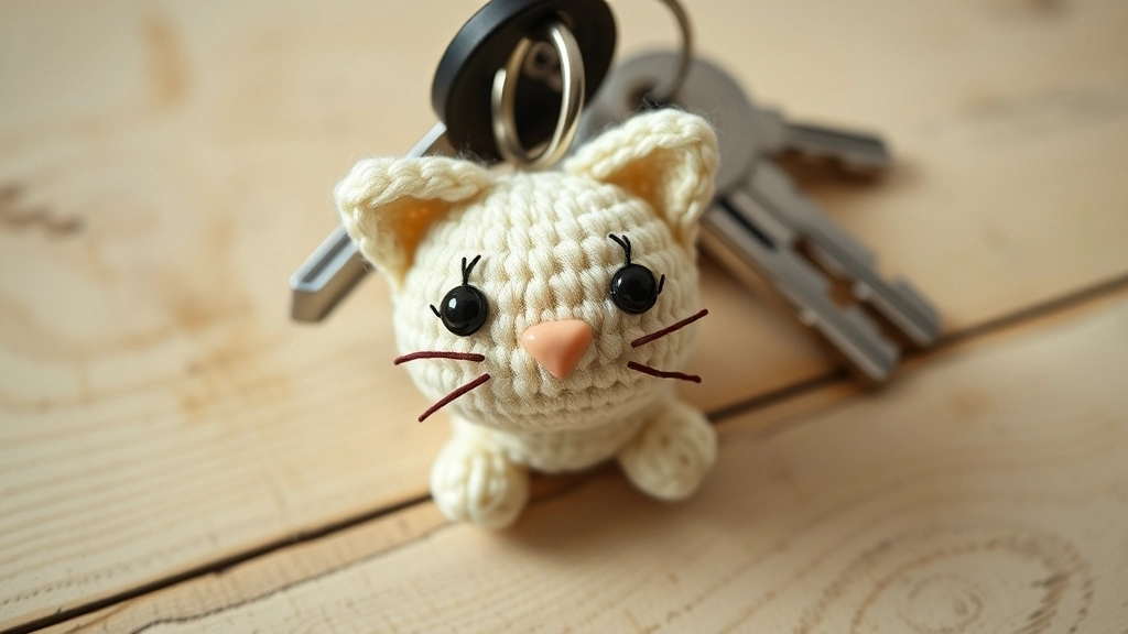A completed tiny cat amigurumi keychain hanging alongside metal keys.
