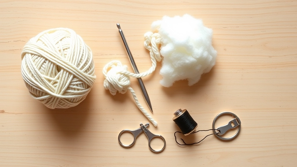 A neat flat-lay arrangement of mercerized cotton yarn, a 2.0mm steel crochet hook, stuffing, and metal split rings.