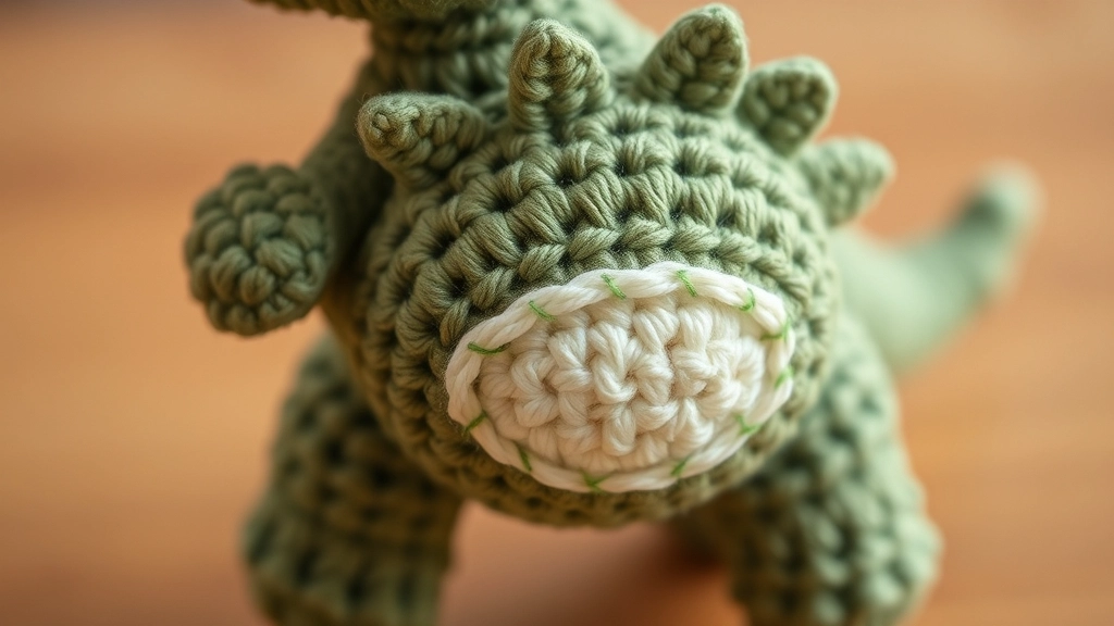 Close-up of a tiny crocheted green dinosaur body with a cream tummy panel and small spikes on its back.