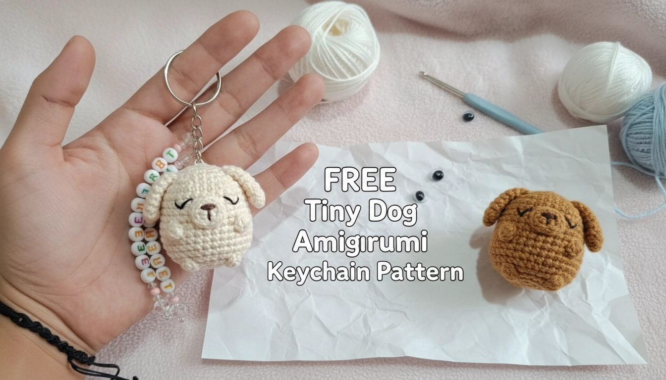A cozy, amateur close-up of a crocheted puppy keychain made using a Free Tiny Dog Amigurumi Keychain Pattern, resting on a wooden table.