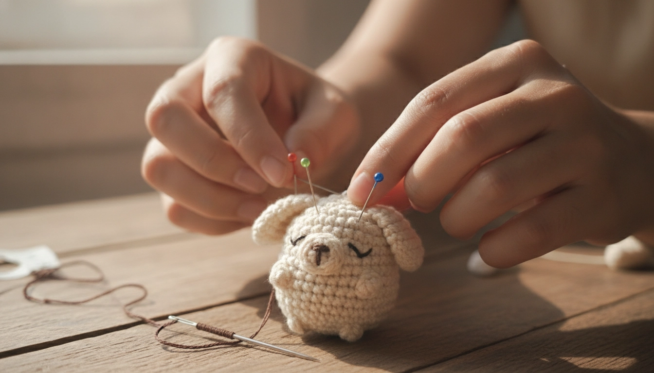 Metal sewing pins securing the snout and floppy ears onto a cream crocheted dog head before stitching.