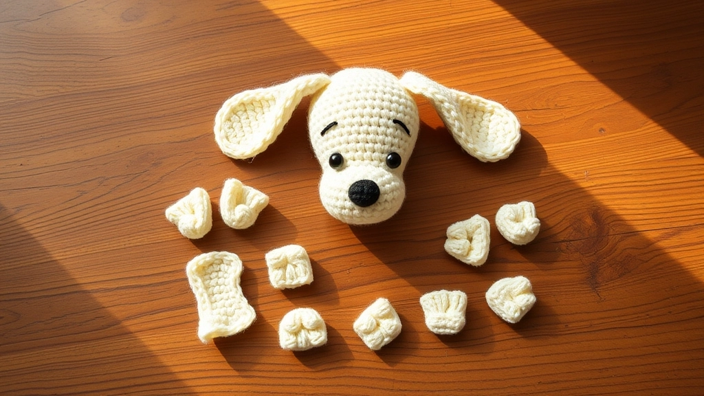 Unassembled crochet pieces of a dog amigurumi including floppy ears, a snout, and tiny round feet.