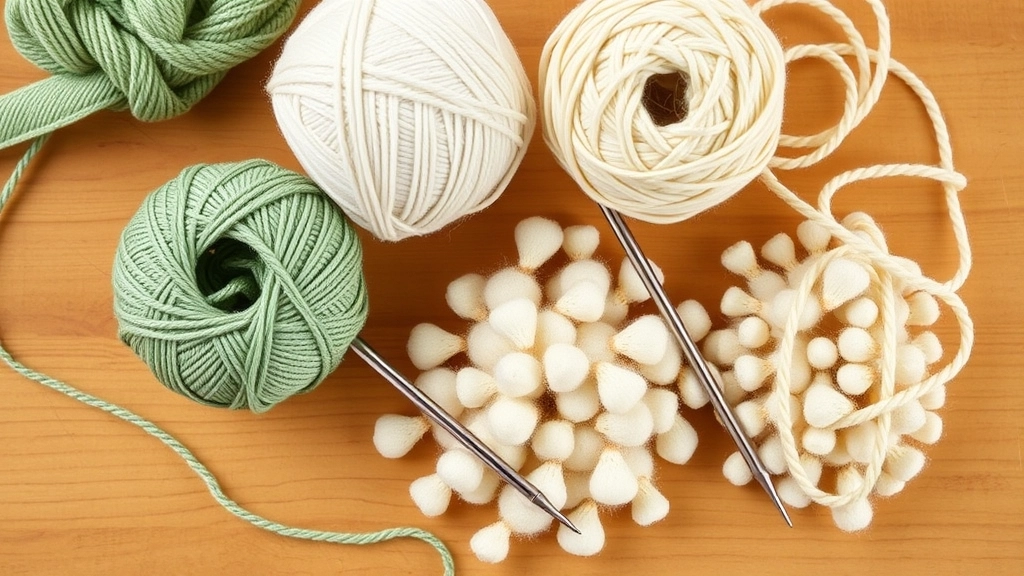 A flat lay of green and cream mercerized cotton thread, a 1.0mm steel crochet hook, and wool stuffing.