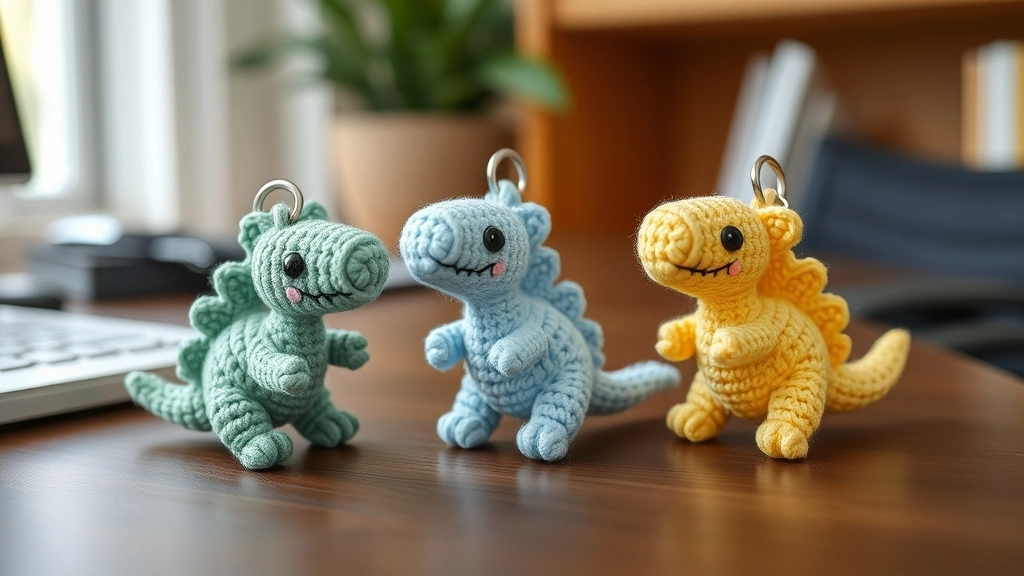A collection of three colorful micro amigurumi dinosaurs sitting together on a work desk.