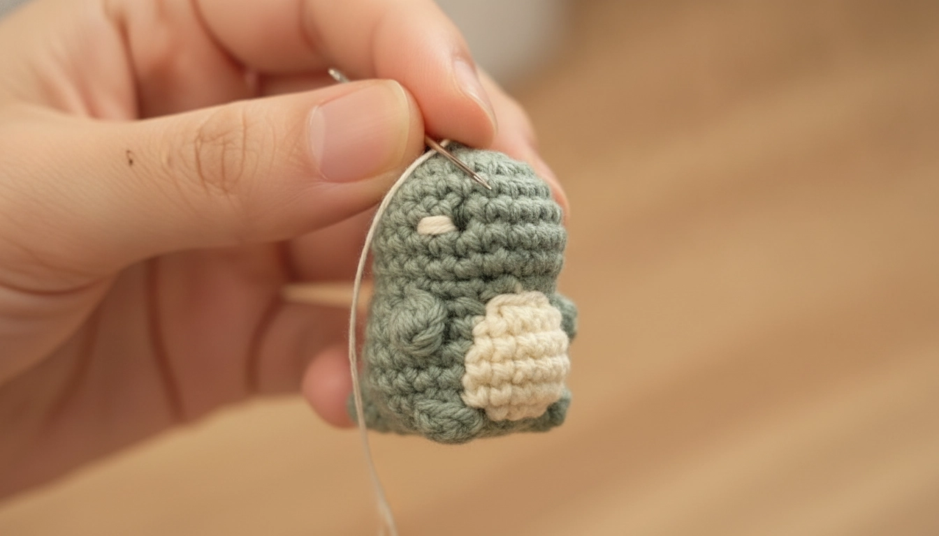 A hand using a needle and cream thread to embroider tiny straight eyes onto a green crocheted dinosaur head.