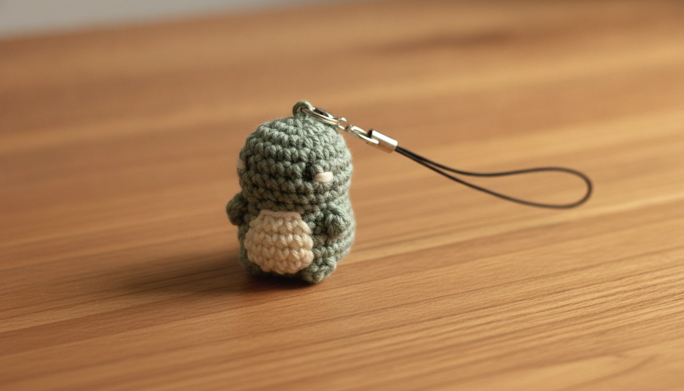 A finished green micro amigurumi dinosaur keychain with a silver jump ring and black cord attached to its head.