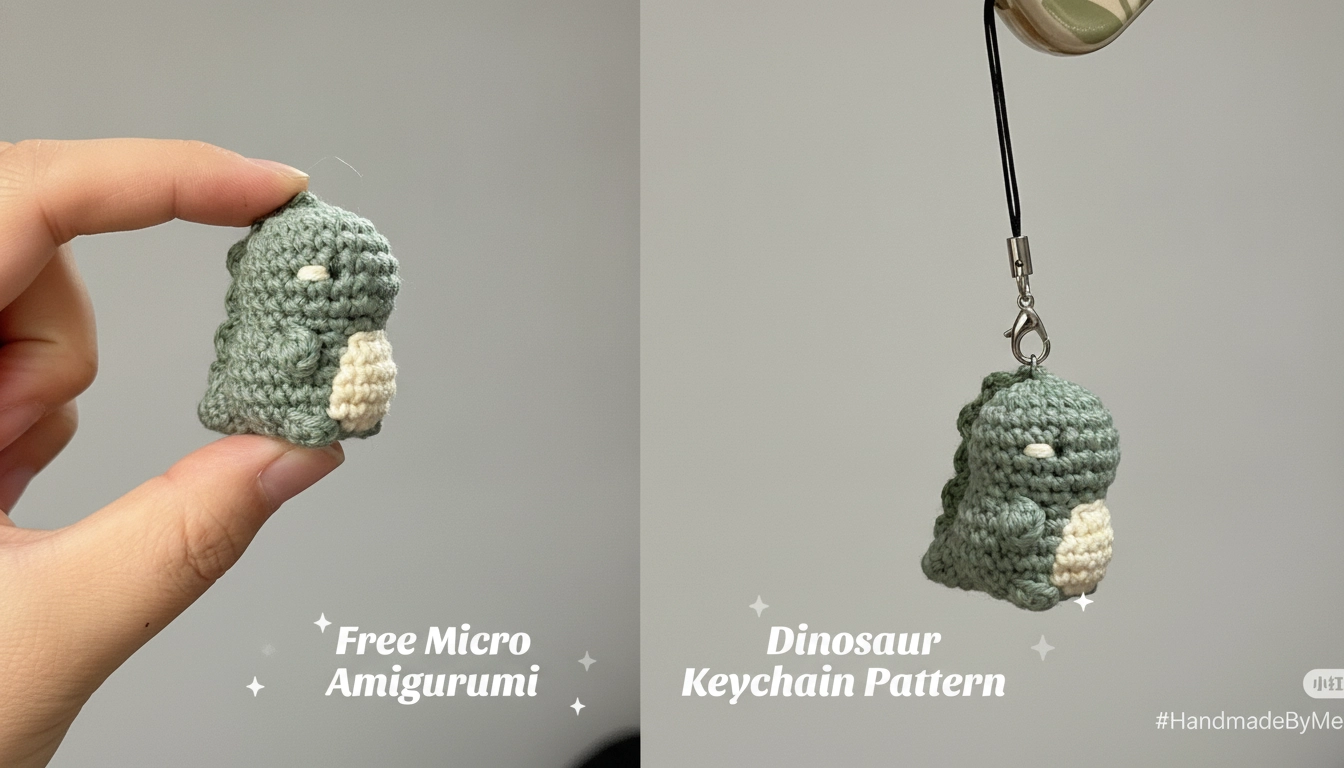 A tiny crocheted green dinosaur made from a Free Micro Amigurumi Dinosaur Keychain Pattern sitting on a person's thumb.